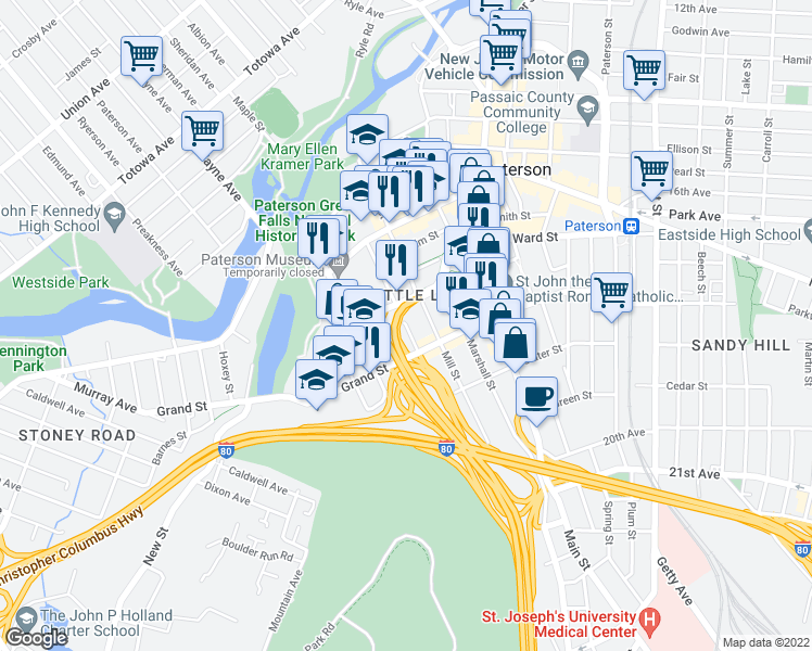 map of restaurants, bars, coffee shops, grocery stores, and more near 75 Jersey Street in Paterson