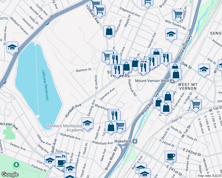 map of restaurants, bars, coffee shops, grocery stores, and more near 57 Stevens Avenue in Yonkers