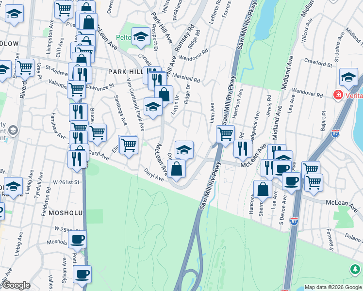 map of restaurants, bars, coffee shops, grocery stores, and more near 90 Courter Avenue in Yonkers
