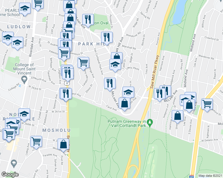 map of restaurants, bars, coffee shops, grocery stores, and more near 233 McLean Avenue in Yonkers