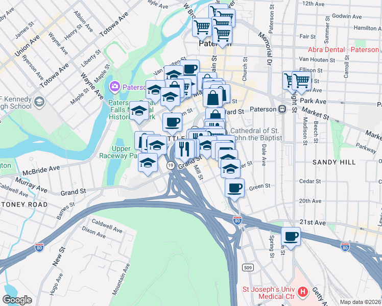 map of restaurants, bars, coffee shops, grocery stores, and more near 107 Mill Street in Paterson
