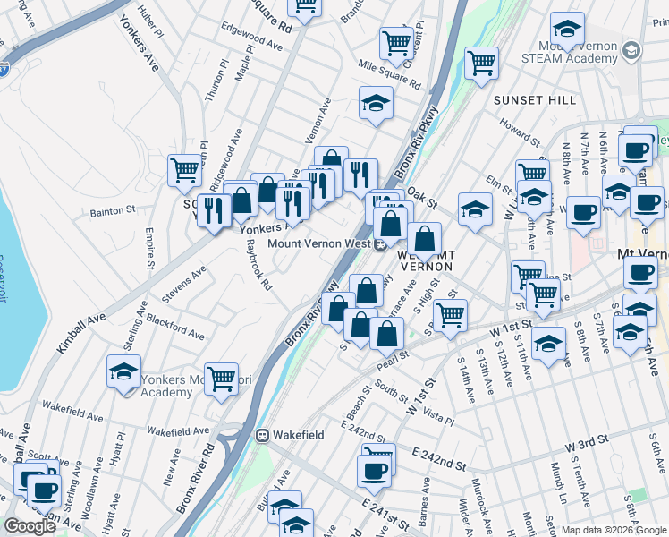 map of restaurants, bars, coffee shops, grocery stores, and more near Bronx River Road in Yonkers