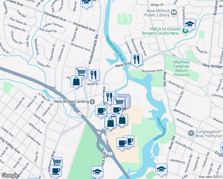 map of restaurants, bars, coffee shops, grocery stores, and more near 1172 Main Street in River Edge