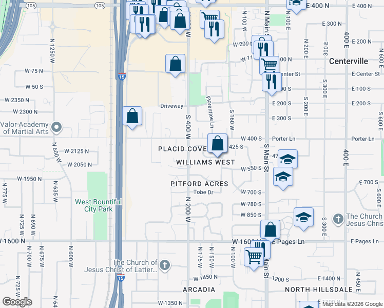 map of restaurants, bars, coffee shops, grocery stores, and more near 361 Williams Lane in Layton