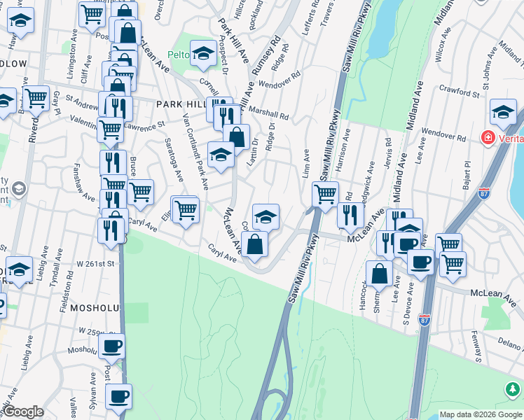 map of restaurants, bars, coffee shops, grocery stores, and more near 90 Courter Avenue in Yonkers