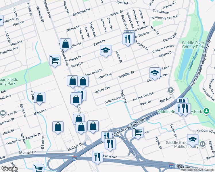 map of restaurants, bars, coffee shops, grocery stores, and more near 242 Nedellec Drive in Saddle Brook