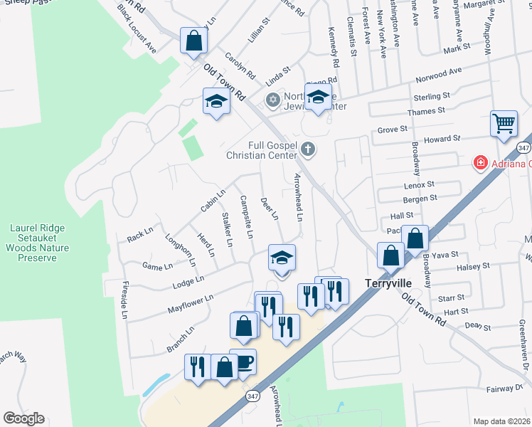 map of restaurants, bars, coffee shops, grocery stores, and more near 15 Deer Lane in Setauket- East Setauket