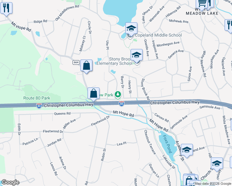 map of restaurants, bars, coffee shops, grocery stores, and more near 24 Reservoir Road in Rockaway