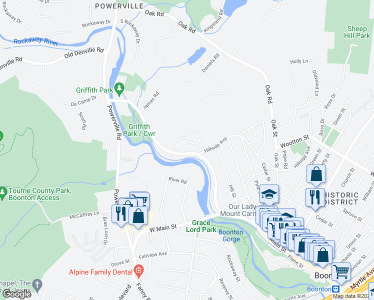 map of restaurants, bars, coffee shops, grocery stores, and more near 61 North Main Street in Boonton
