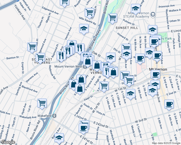 map of restaurants, bars, coffee shops, grocery stores, and more near in Mount Vernon