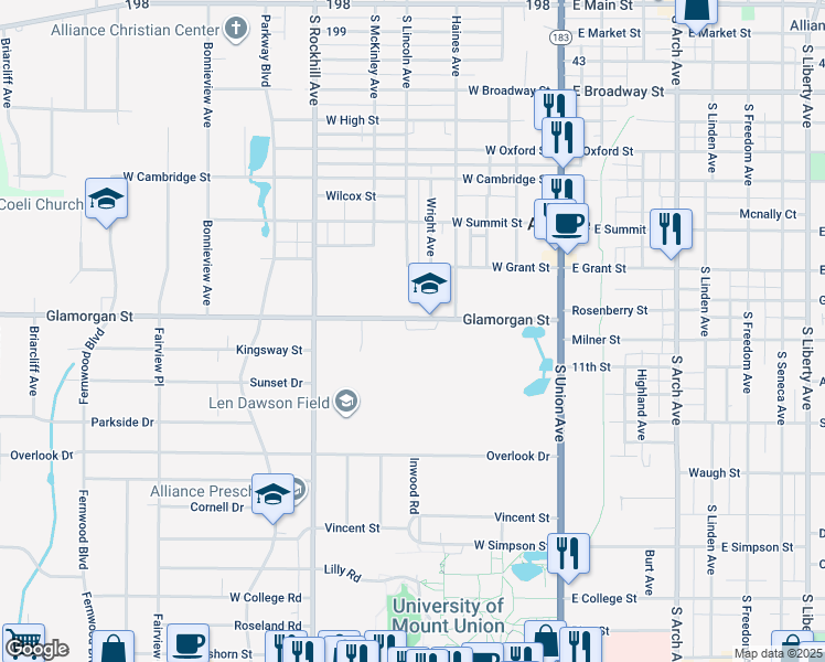 map of restaurants, bars, coffee shops, grocery stores, and more near 400 Glamorgan Street in Alliance