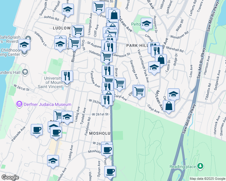 map of restaurants, bars, coffee shops, grocery stores, and more near 143 Bruce Avenue in Yonkers