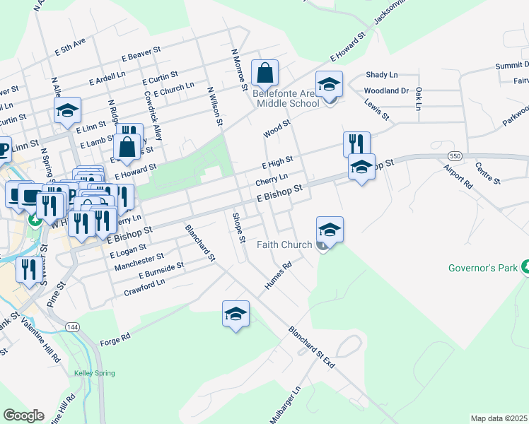 map of restaurants, bars, coffee shops, grocery stores, and more near Logan Street in Bellefonte