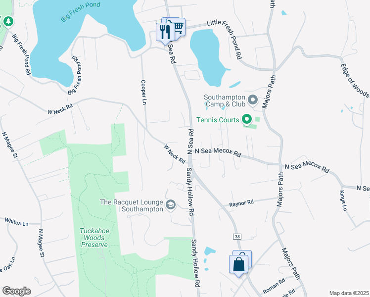 map of restaurants, bars, coffee shops, grocery stores, and more near 1015 North Sea Road in Southampton