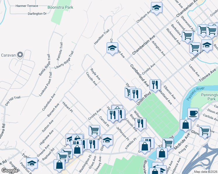 map of restaurants, bars, coffee shops, grocery stores, and more near 282 Boyle Avenue in Totowa