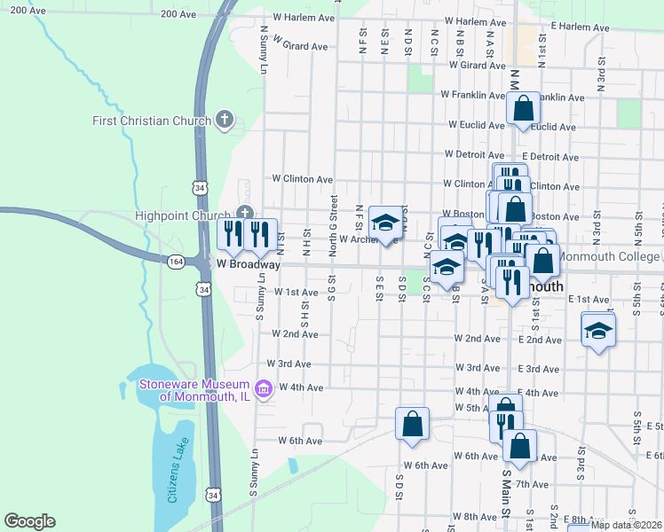 map of restaurants, bars, coffee shops, grocery stores, and more near 116 North G Street in Monmouth