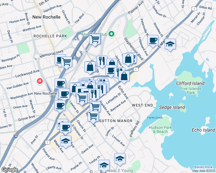 map of restaurants, bars, coffee shops, grocery stores, and more near 361 Main Street in New Rochelle