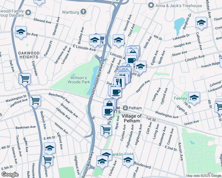 map of restaurants, bars, coffee shops, grocery stores, and more near 70 2nd Street in Village of Pelham