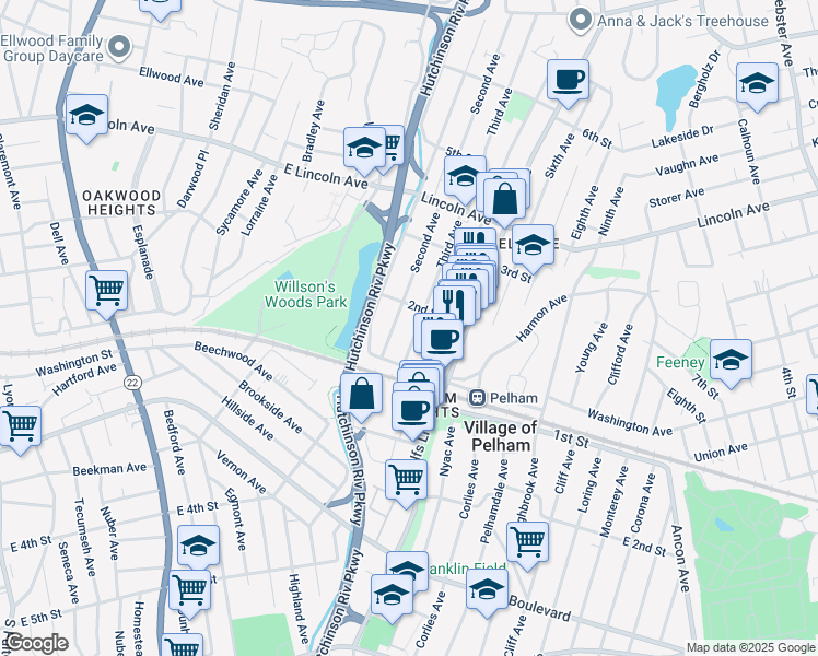 map of restaurants, bars, coffee shops, grocery stores, and more near 32 Second Avenue in Village of Pelham