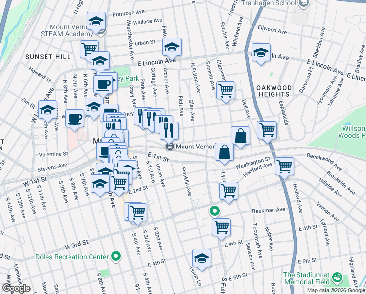 map of restaurants, bars, coffee shops, grocery stores, and more near 53 Elm Avenue in Mount Vernon