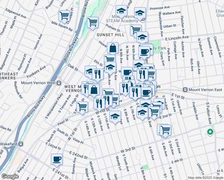 map of restaurants, bars, coffee shops, grocery stores, and more near 20 North 9th Avenue in Mount Vernon
