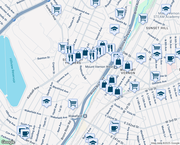 map of restaurants, bars, coffee shops, grocery stores, and more near 24 Yonkers Terrace in Yonkers