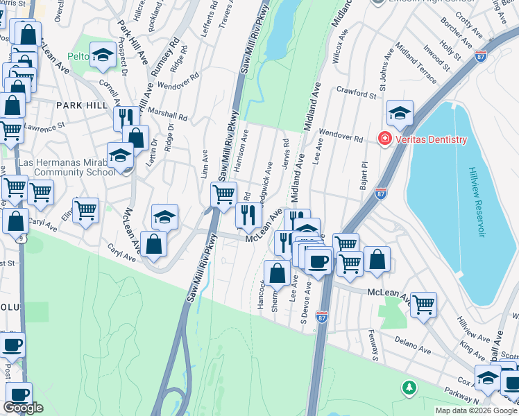map of restaurants, bars, coffee shops, grocery stores, and more near 140 Tibbetts Road in Yonkers