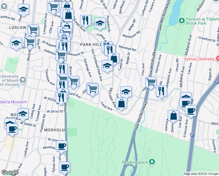 map of restaurants, bars, coffee shops, grocery stores, and more near 233 McLean Avenue in Yonkers