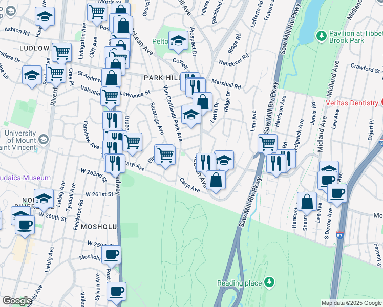 map of restaurants, bars, coffee shops, grocery stores, and more near 233 McLean Avenue in Yonkers