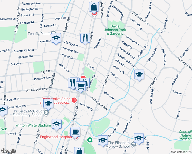 map of restaurants, bars, coffee shops, grocery stores, and more near 42 Elm Street in Tenafly