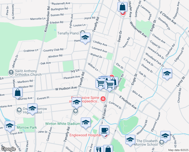 map of restaurants, bars, coffee shops, grocery stores, and more near 81 West Ivy Lane in Englewood