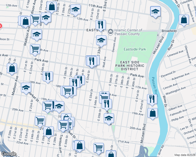 map of restaurants, bars, coffee shops, grocery stores, and more near 315 East 34th Street in Paterson