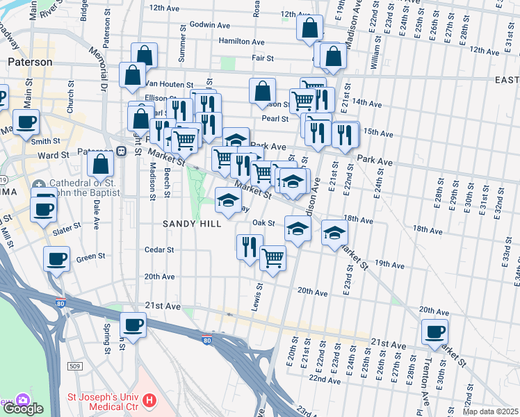 map of restaurants, bars, coffee shops, grocery stores, and more near 74 Pennington Street in Paterson