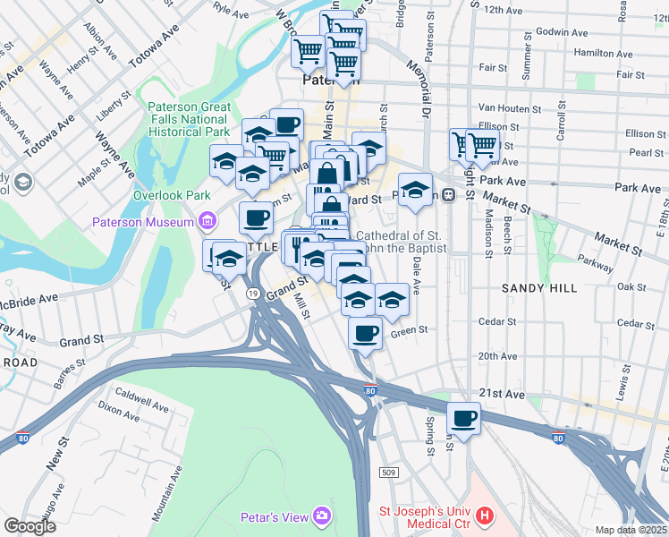 map of restaurants, bars, coffee shops, grocery stores, and more near 390-392 Main Street in Paterson