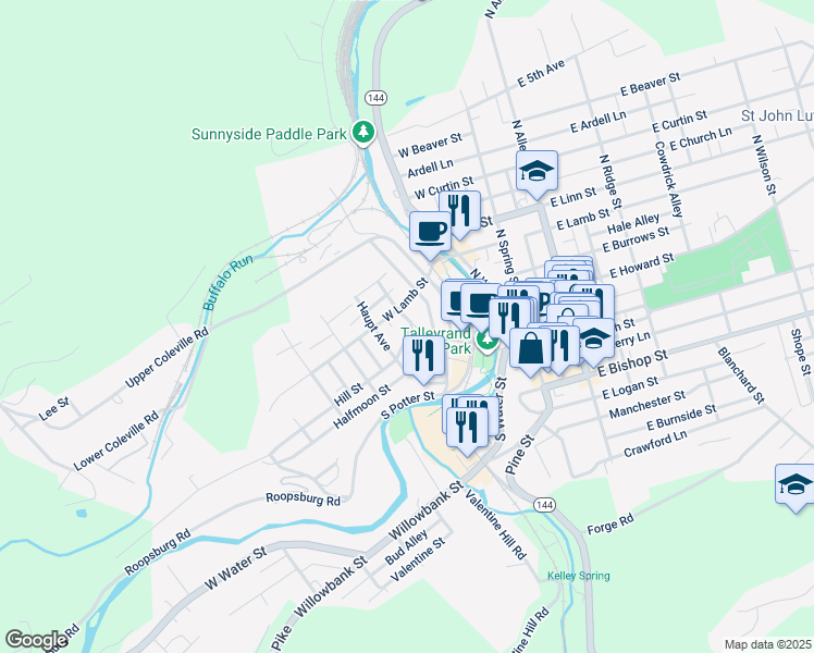 map of restaurants, bars, coffee shops, grocery stores, and more near 118-120 Shoemaker Ave in Bellefonte
