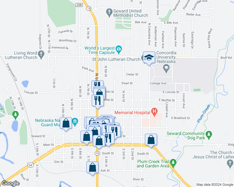 map of restaurants, bars, coffee shops, grocery stores, and more near 348 Lincoln Street in Seward