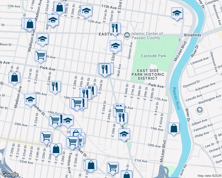 map of restaurants, bars, coffee shops, grocery stores, and more near 315 East 34th Street in Paterson