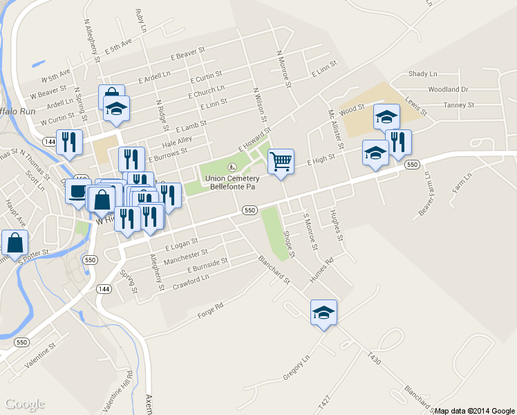 map of restaurants, bars, coffee shops, grocery stores, and more near 463 East Bishop Street in Bellefonte