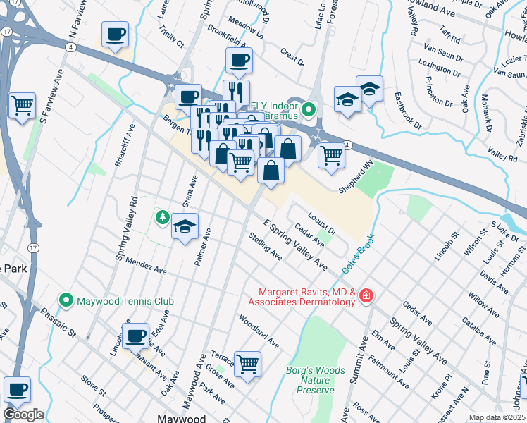 map of restaurants, bars, coffee shops, grocery stores, and more near 25 Spring Valley Avenue in Maywood