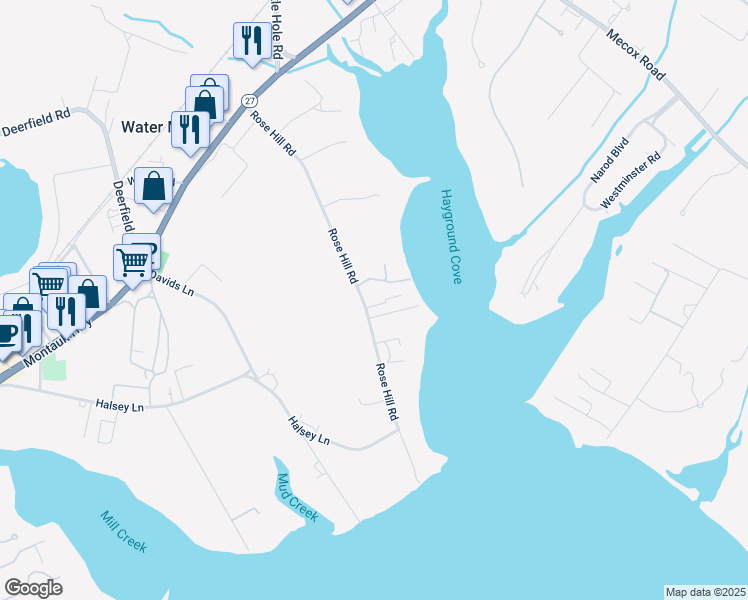 map of restaurants, bars, coffee shops, grocery stores, and more near 275 Rose Hill Road in Water Mill