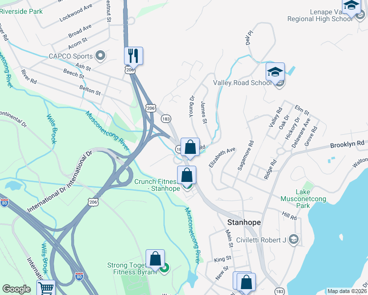 map of restaurants, bars, coffee shops, grocery stores, and more near 2 Dell Rd in Stanhope