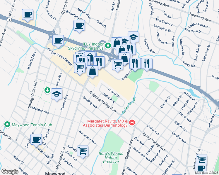 map of restaurants, bars, coffee shops, grocery stores, and more near 89 Locust Drive in Maywood