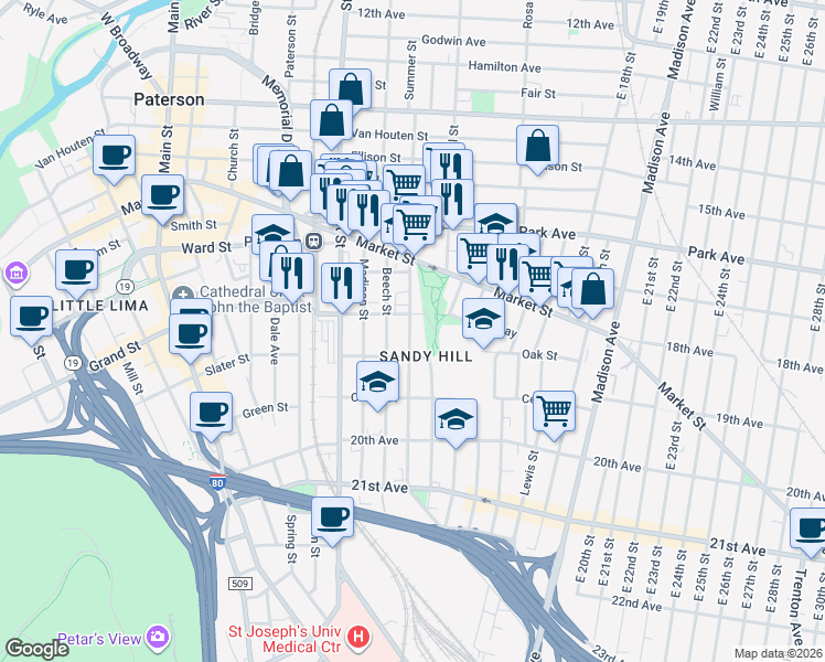 map of restaurants, bars, coffee shops, grocery stores, and more near 455-457 Summer Street in Paterson