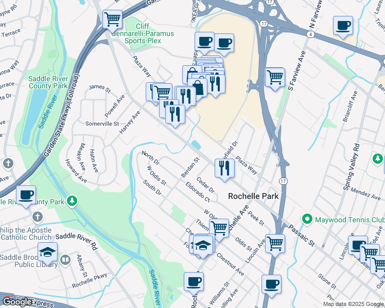 map of restaurants, bars, coffee shops, grocery stores, and more near 151 West Passaic Street in Rochelle Park