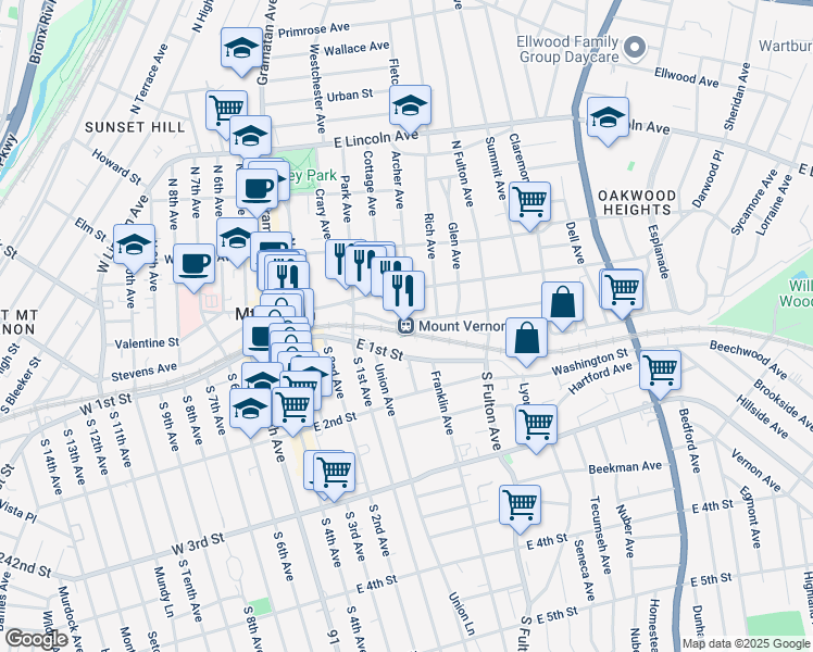 map of restaurants, bars, coffee shops, grocery stores, and more near 1 East 1st Street in Mount Vernon
