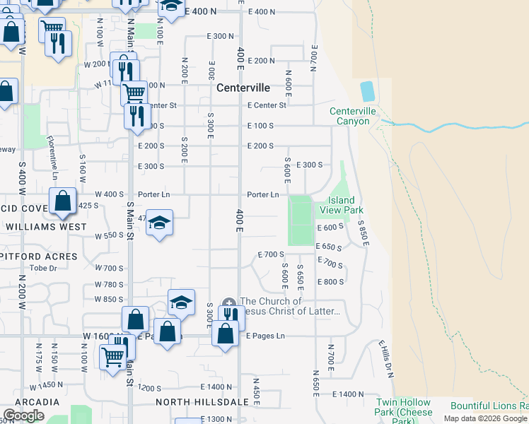 map of restaurants, bars, coffee shops, grocery stores, and more near 495 East 475 South in Centerville