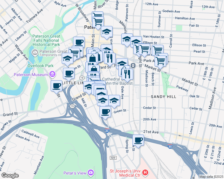 map of restaurants, bars, coffee shops, grocery stores, and more near 418 Grand Street in Paterson