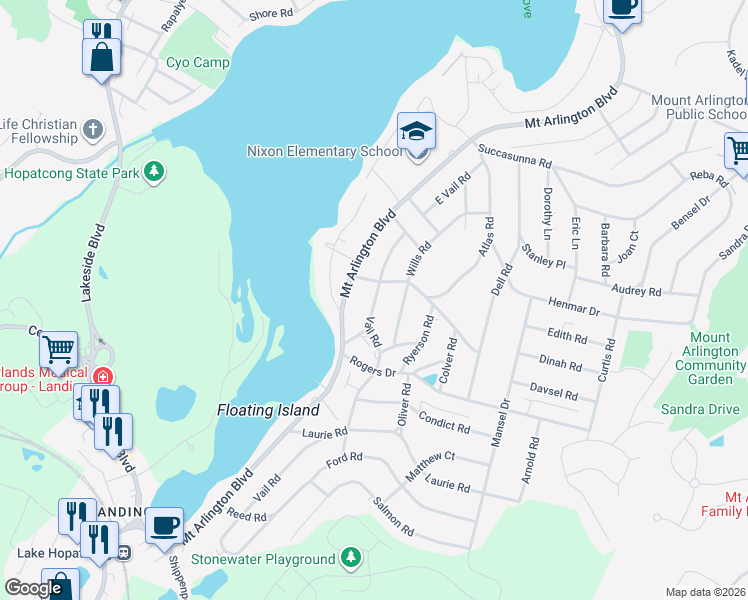 map of restaurants, bars, coffee shops, grocery stores, and more near 517 Vail Road in Roxbury Township