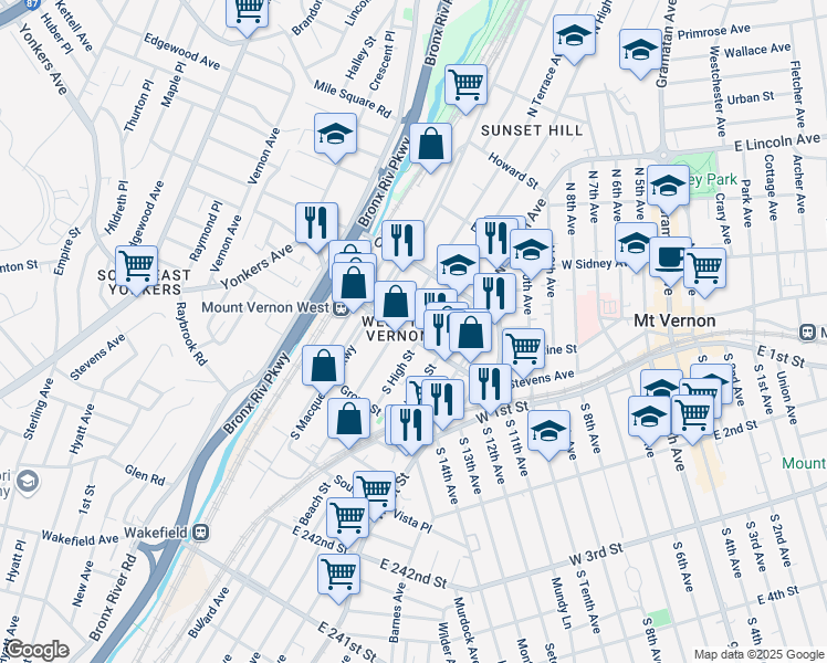 map of restaurants, bars, coffee shops, grocery stores, and more near 107 Mount Vernon Avenue in Mount Vernon