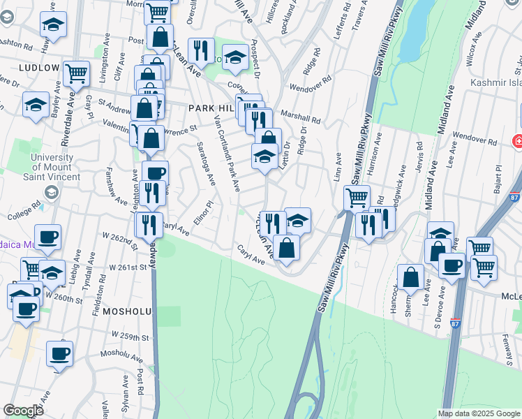 map of restaurants, bars, coffee shops, grocery stores, and more near 233 McLean Avenue in Yonkers